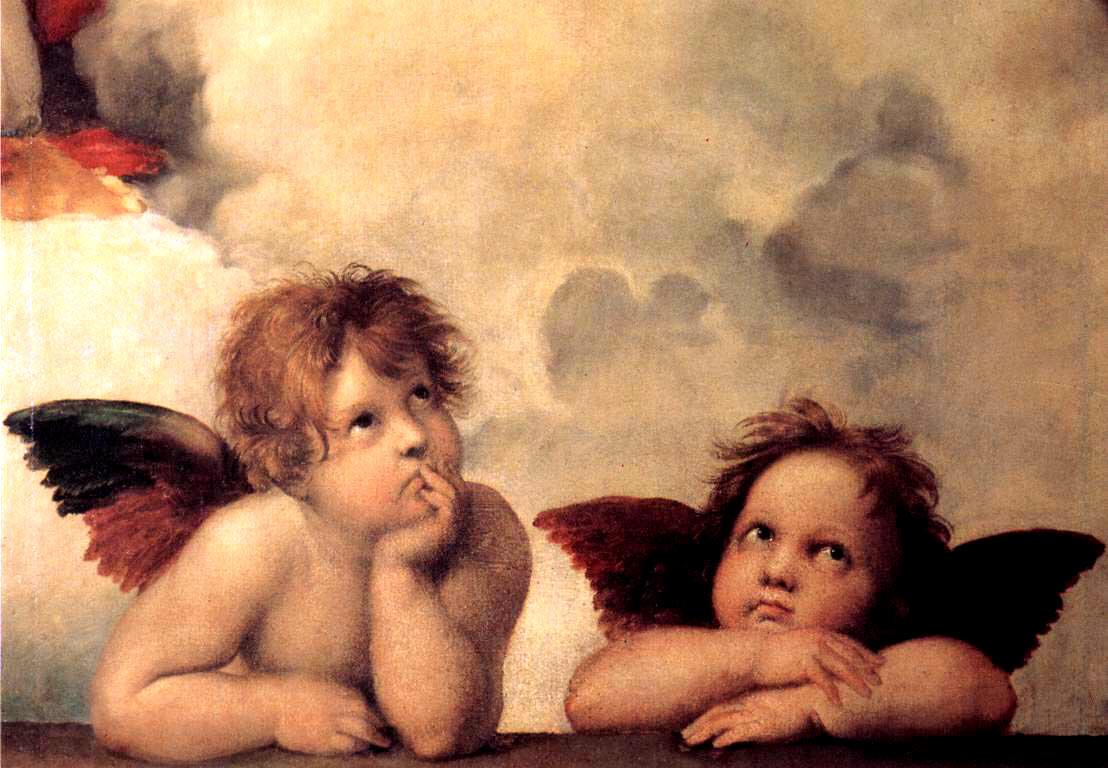 Two little angels? In this small section of the Sistine Madonna, two bored-looking cherubs wait for their elders to finish whatever it is they’re doing.  (Image via Wikipedia) 