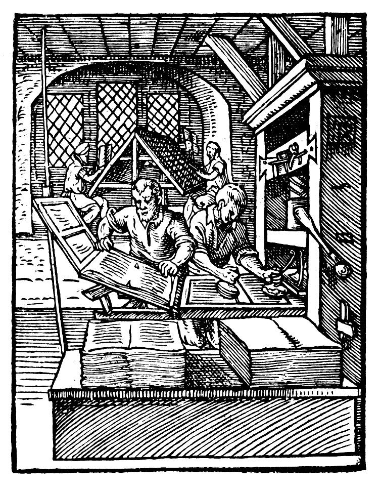 The Renaissance version of a selfie, this is a print of an early print shop.  This illustration from 1568 shows two printers working together on a Gutenberg-style press—the printer on the right is inking the type for the next pressing and the printer on the left is removing a freshly printed sheet. In the background, compositors are setting new pages of type on forms. (Image via Wikipedia) 